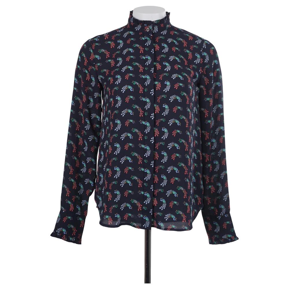 LOFT Top XS Navy Blue Peacock Animal Print Button-Up Mock Neck Long Sleeve